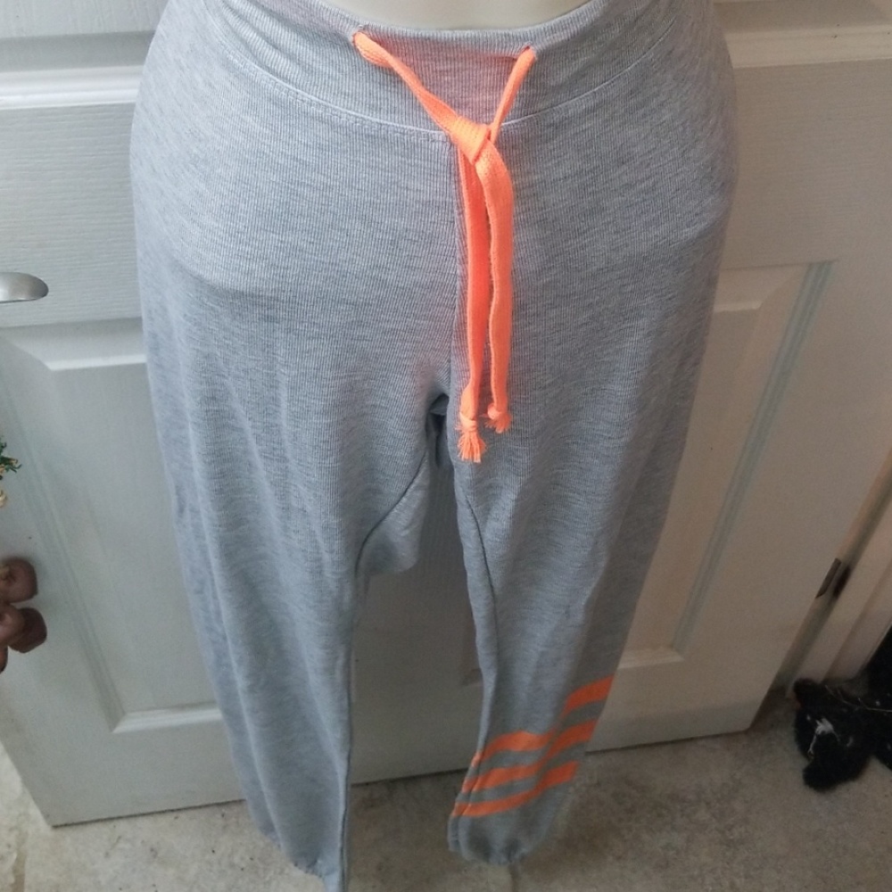 NWT, thin grey joggers, grey, coral/orange, Large